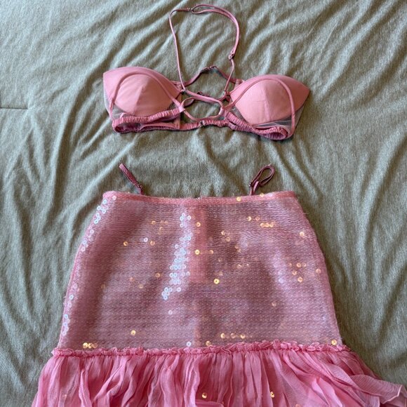 NENSI DOJAKA Pink Sequin Glitter Embellished Skirt and Halter Bra Set Size 0/XXS - Picture 8 of 10
